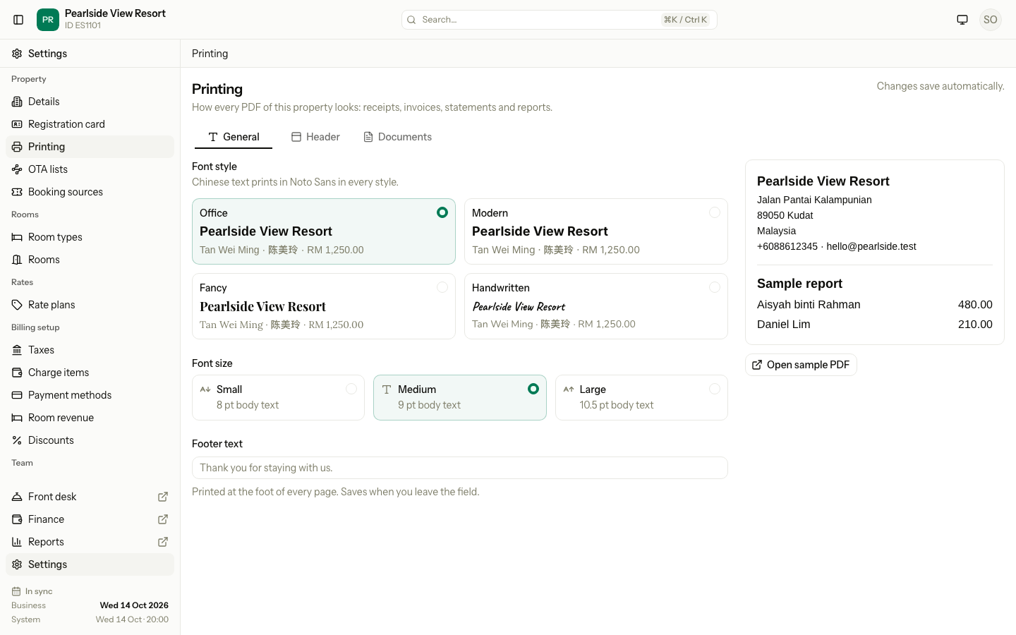 The General tab with the four font styles, the three font sizes and the footer text