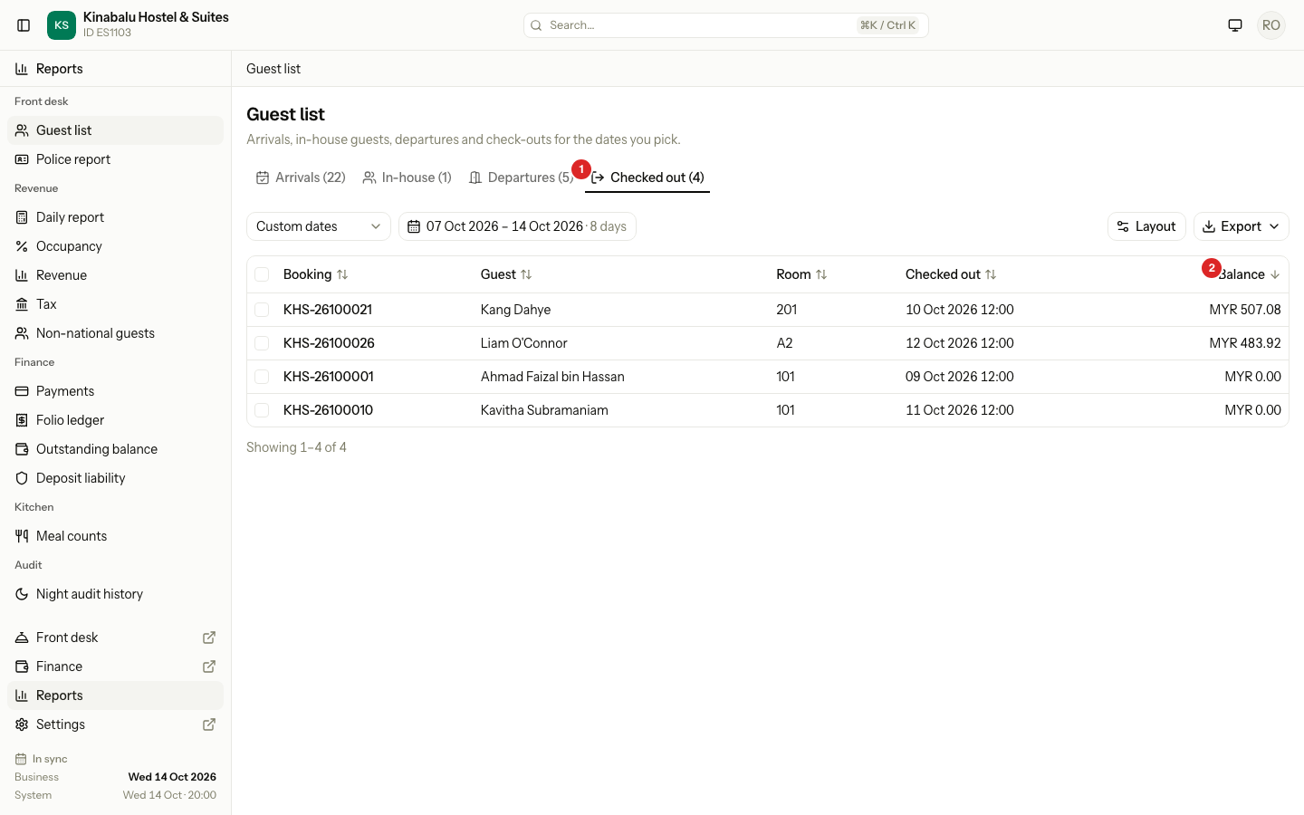 The Checked out tab for 7 to 14 Oct, with the check-out time and the balance still owed
