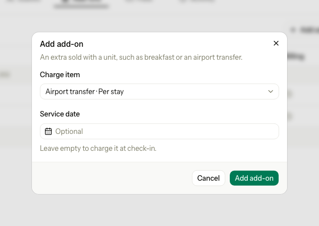 The Add add-on dialog with Airport transfer picked