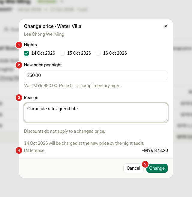 The Change price dialog with one night ticked, a new price of 250.00 and a reason
