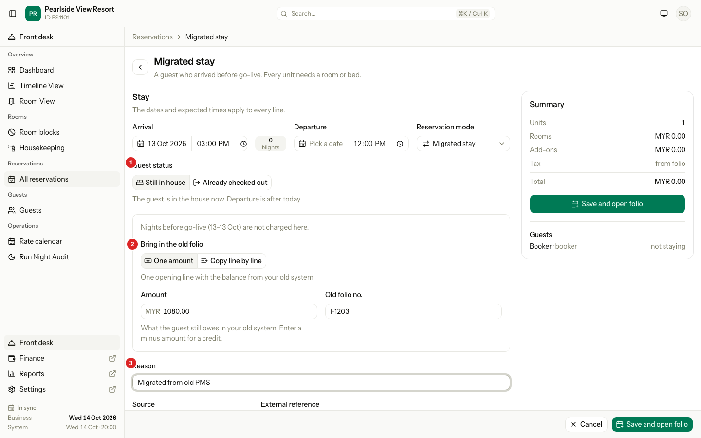 The migrated stay form with One amount picked, MYR 1080.00 from old folio F1203, and a reason