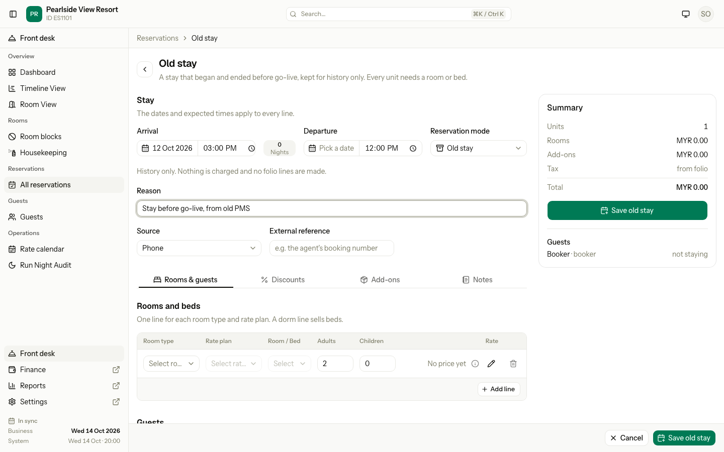 The old stay form: no guest status, a "History only" note and a reason