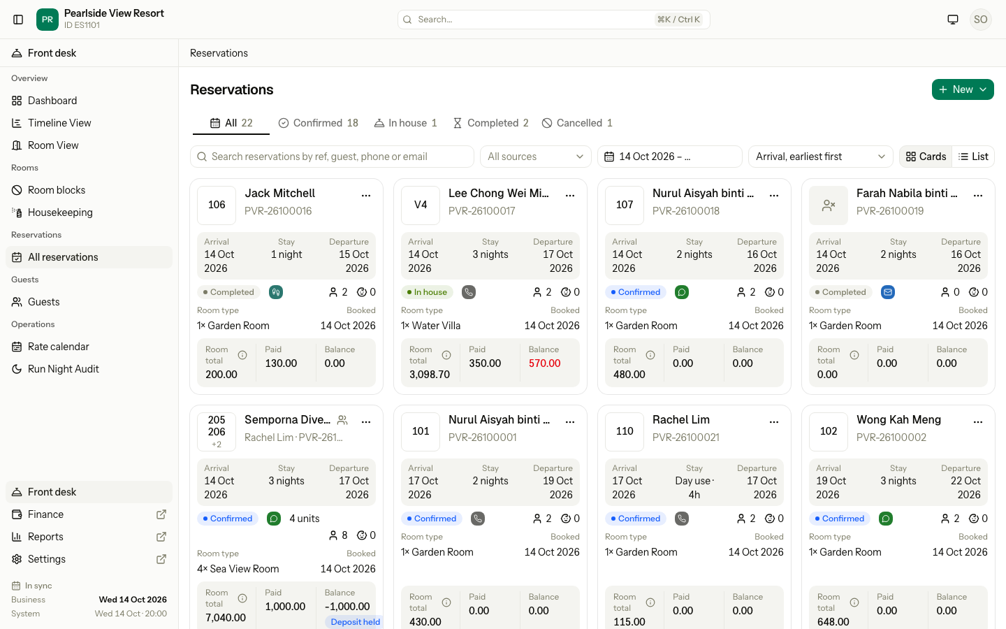 The reservation list, with status tabs, filters and one card for each reservation