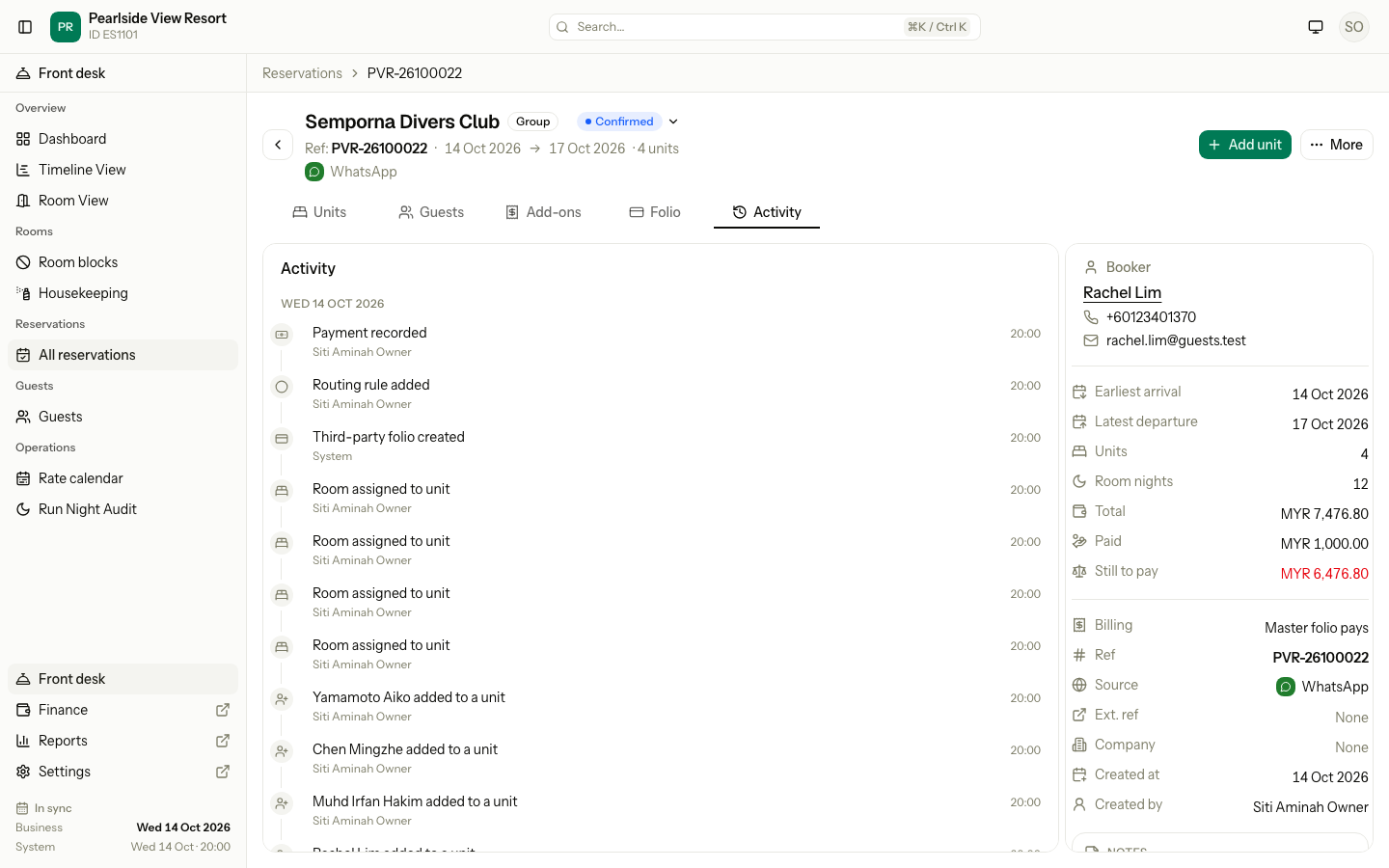 The Activity tab with the history of the reservation, newest first