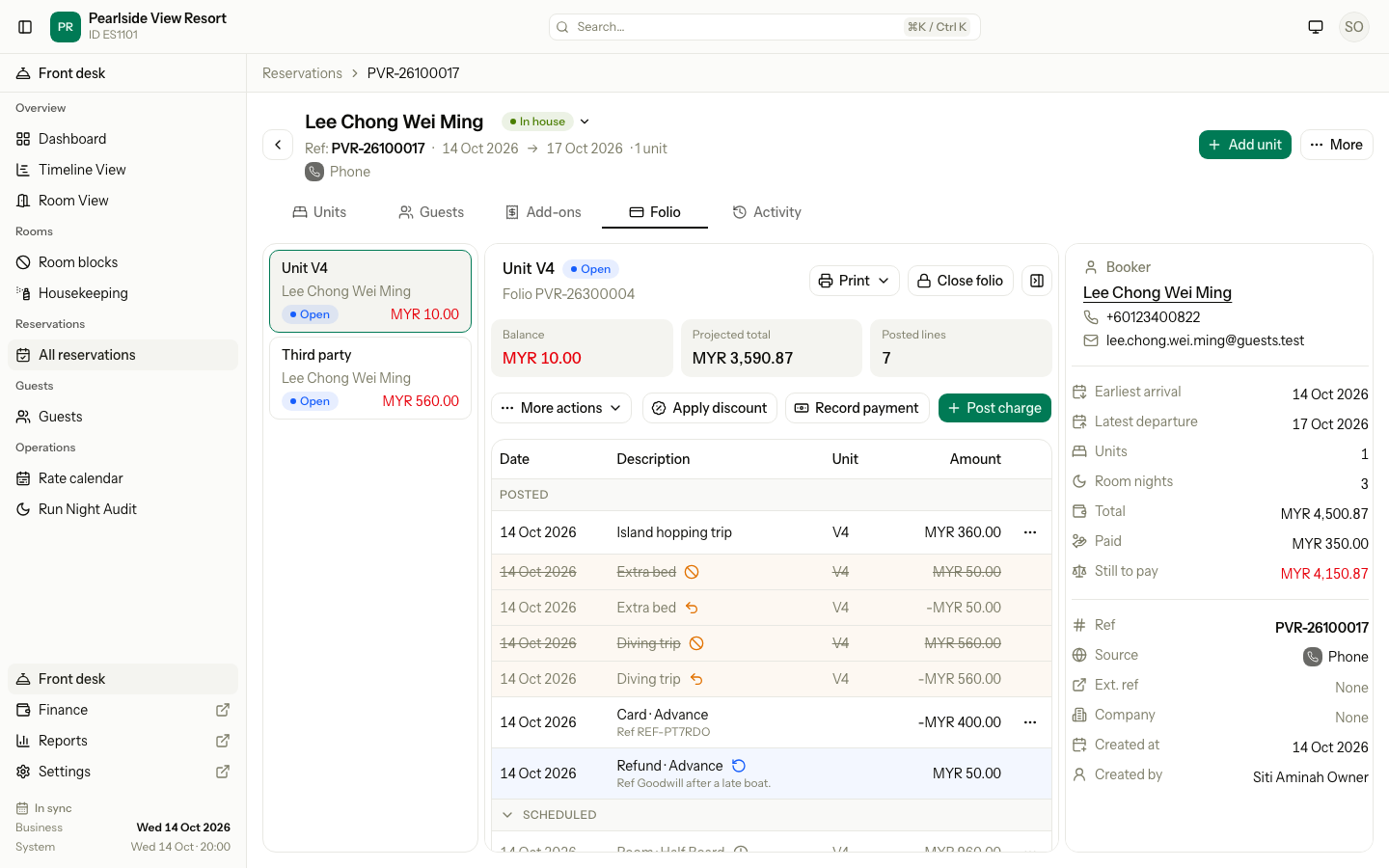 The Folio tab of a stay in house, with posted charges, a reversed charge, a payment and a refund