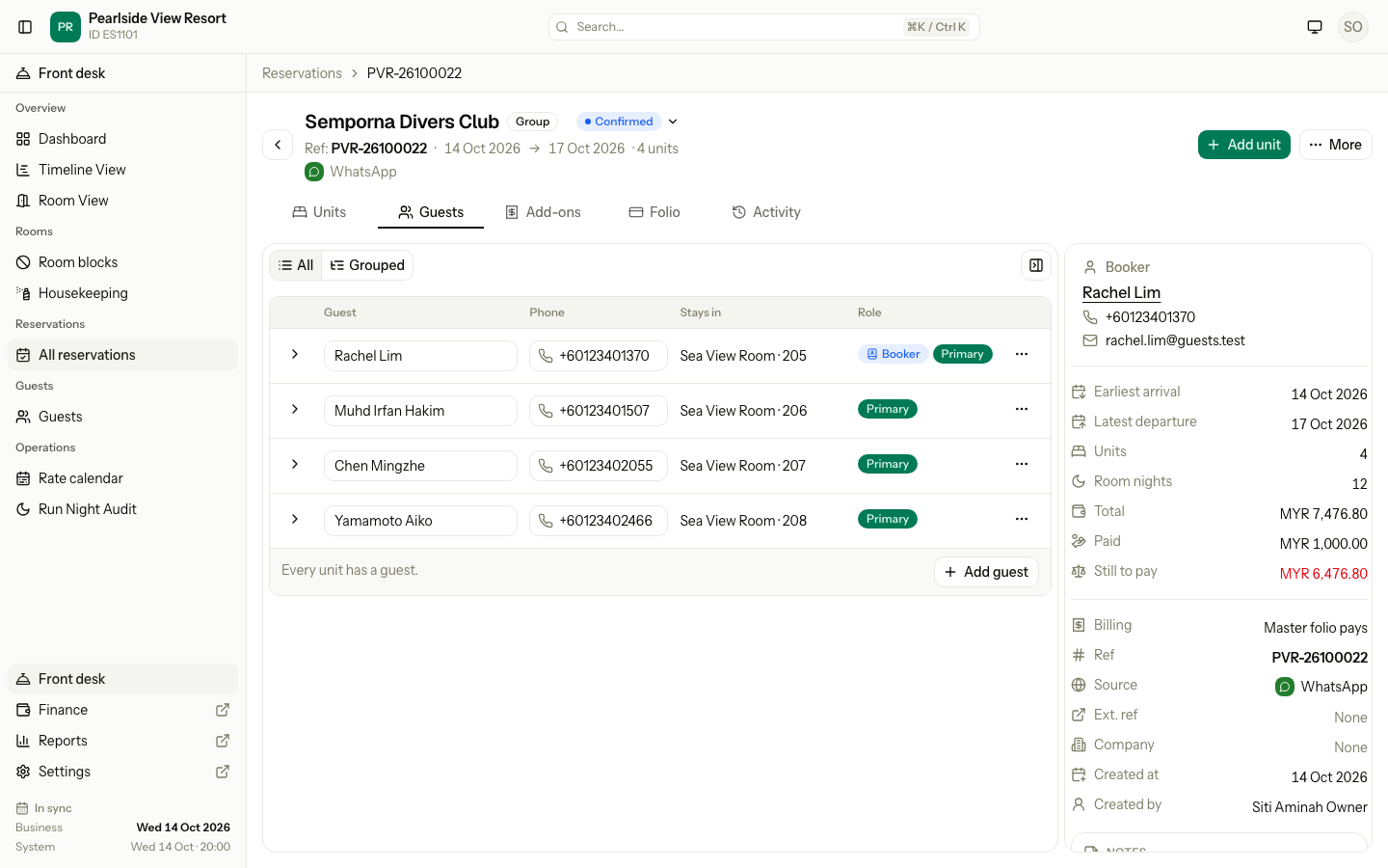The Guests tab with four guests and the All and Grouped toggle