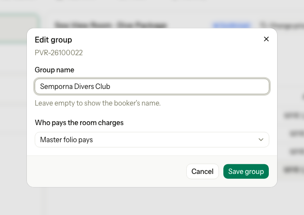 The Edit group dialog with the group name and who pays the room charges